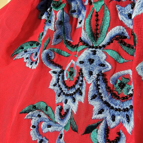 Vintage Collection Women's Red Chiffon Top Tunic Blue Floral Embroidery Beaded L - Picture 10 of 12